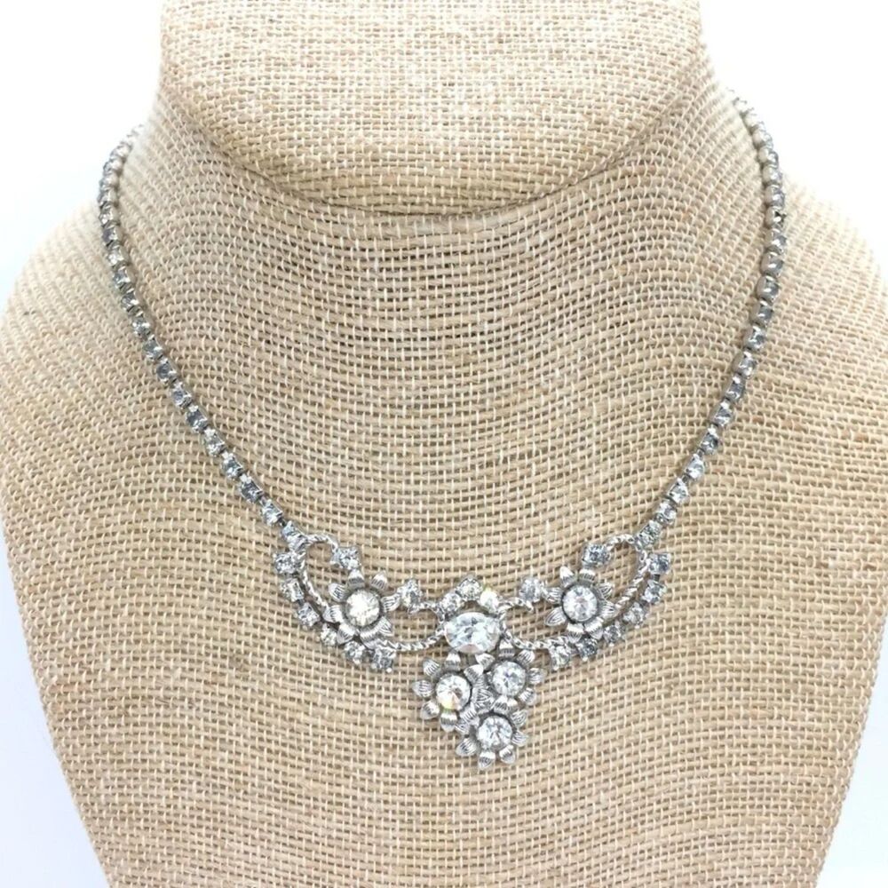 VINTAGE MCM Rhinestone Necklace Collar Atomic Abstract Floral Statement Choker
